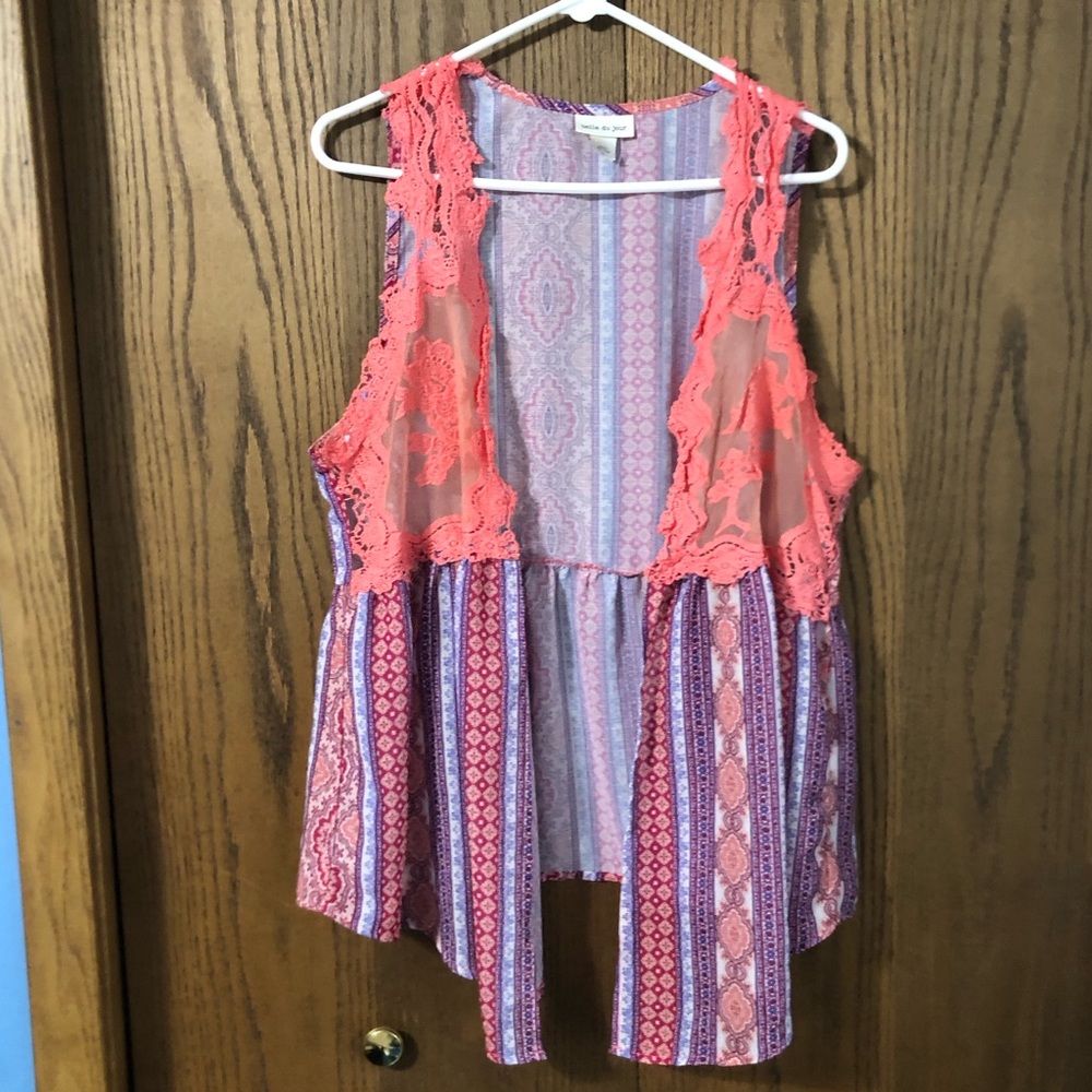 🌟 3/$15 Colorful open drape front semi-sheer sleeveless vest blouse size 1X